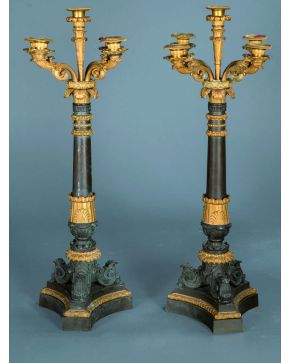 250-Gran pareja de candelabros de cinco luces en bronce dorado y pavonado Napoleón III. S. XIX.