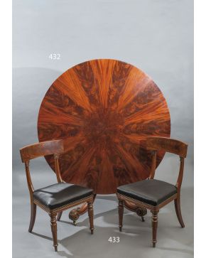 432-Mesa de comedor inglesa tilt top s. XIX con tapa circular abatible en madera de palma de caoba y con cuatro patas rematadas en forma de voluta y termi