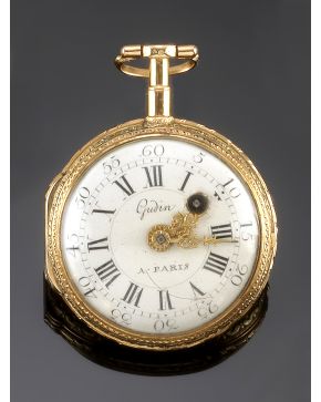 1242-RELOJ DE BOLSILLO CATALINO. C. 1800. FIRMADO GUDIN. A PARIS. CAJA EN ORO AMARILLO DE 18K. BELLA ESCENA ESMALTADA CON GUIRNALDA EN ORO. MECANISMO DE 