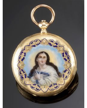 1243-RELOJ DE BOLSILLO SABONETA SUIZO FIRMADO FLEURIER. CAJA EN ORO AMARILLO DE 18K CON DELICADOS ESMALTES RELIGIOSOS. Nº 29070 AL IGUAL QUE EL GUARDPOLV