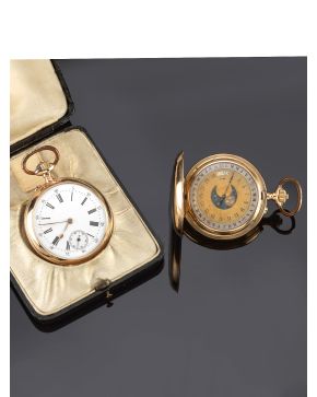 1250-INTERESANTE RELOJ DE COLECCIÓN DE BOLSILLO LEPINE. TRIPLE CALENDARIO. CAJA EN ORO ROSA DE 18K. MOVIMIENTO MECÁNICO MANUAL. Esfera de porcelana blanca 