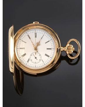 1251-INTERESANTE RELOJ DE BOLSILLO SABONETA. SONERÍA A CUARTOS. GRAN CAJA EN ORO AMARILLO DE 18K. Nº 7517 AL IGUAL QUE EL GUARDAPOLVO.  MOVIMIENTO MECÁNICO