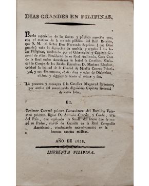 3108-108.- CHACÓN Y CONDE. D. Antonio.- DIAS GRANDES EN FILIPINAS. Brebe esposicion de las fiestas y público regocijo que. con el motivo de la entrada públ