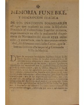 3096-3096.- (TERREMOTOS). Memoria funebre. y descripcion tragica de los inauditos formidables estragos que ocasionò en toda la Española Península el violen