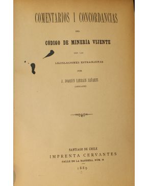 3099-3099.- (AMÉRICA / MINERÍA). LARRAIN ZAÑARTU. J. Joaquin.- Comentarios I concordancias del Código de Mi-nería Vijente con las Lejislaciones Estranjeras