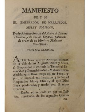 3118-3118.-  MANIFIESTO de S.M. El Emperador de Marruecos. MULEY SOLIMAN. Traducido literalmente del Arabe al Idioma Italiano. y de éste al Español. public