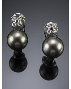 320-PENDIENTES DE BRILLANTES Y PERLA TAHITÍ DE 8MM DE DIÁMETRO. Montura de oro blanco de 18k. 