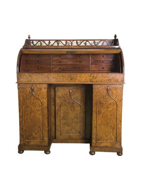 895-Mueble escritorio de cilindro en madera de raíz. Inglaterra. S. XIX. 