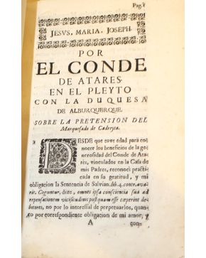 3024-Por El Conde de Atares en el Pleyto con la Duquesa de Albuquerque. Sobre la pretension del Marquesado de Cadreyta. 4º. perg.. moderno