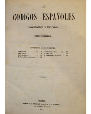 3077-LOS CÓDIGOS ESPAÑOLES Concordados y Anotados. Madrid. Imp. de la Publicidad. 1847. 12 vols. Folio. hol.. leves deter.. lomo gofrado