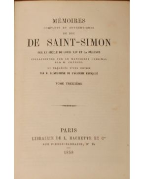 3167-Mémoires Complets et Authentiques du Duc de Saint-Simon sur le siècle de Louis XIV et la Régence. París. Ha-chette. 1858. 13 vols. 8º. hol.