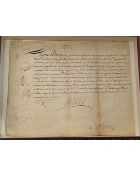 3191-Manuscrito sobre Pergamino. firmado por el rey Luis XIV y al pie por su ministro Colbert. Doumento fechado en 1686. donde se detalle la venta de unos 