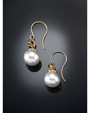 399-PENDIENTES DE PERLAS CULTIVADAS DE LOS MARES DEL SUR DE 12MM. Montura de oro amarillo de 18k. 