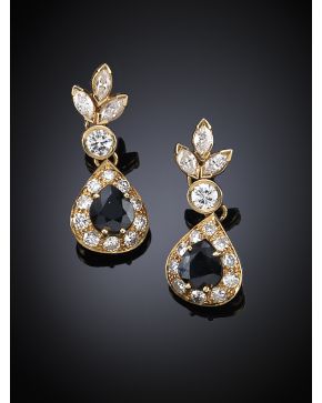 616-ELEGANTES PENDIENTES LARGOS DE BRILLANTES CON ZAFIROS TALLA PERA. CLASICO DISEÑO VEGETAL DE DIAMANTES TALLA MARQUISE. Montura en oro amarillo de 18 k.