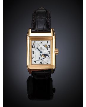 807-RELOJ REVERSIBLE JAEGER LE COULTRE CON CAJA DE ORO ROSA Y CORREA DE CUERO.