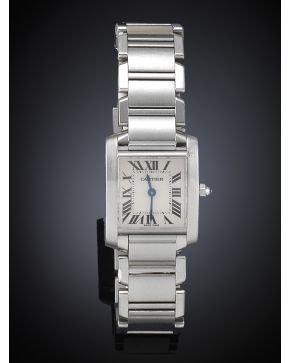 755-CARTIER. MODELO TANK FRANÇAISE. RELOJ DE PULSERA PARA SEÑORA. CAJA Y BRAZALETE EN ACERO. MOVIMIENTO SUIZO DE CUARZO. Esfera blanca con numeración roma