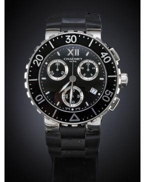 785-CHAUMET CHRONO Nº 625B - 5775. RELOJ DE PULSERA PARA CABALLERO. MOVIMIENTO SUIZO DE CUARZO. CAJA EN ACERO Y CORREA DE CAUCHO. Esfera negra con numeara