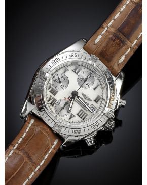 793-BREITLING CHRONO Nº A13358. RELOJ DE PULSERA PARA CABALLERO. MOVIMIENTO AUTOMÁTICO. CAJA EN ACERO Y CORREA DE PIEL. Esfera blanca con numeración roman