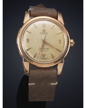 794-OMEGA SEAMASTER. AÑOS 50. CAJA LAMINADA EN ORO ROSA DE 18K. MOVIMIENTO AUTOMÁTICO. Esfera dorada con numeración arábiga y a trazos aplicados. Segunder