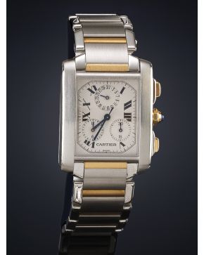 858-CARTIER TANK FRANÇAISE CHRONO Nº BB15802 REF 2303. CAJA Y BRAZALETE EN ACERO Y ORO AMARILLO DE 18K. Esfera blanca con numeración romana y agujas tipo 