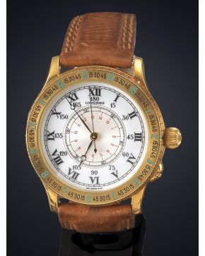 869-LONGINES HOUR ANGLE. DISEÑADO POR COL. CHARLES  A. LINDBERGH. CAJA DE 38MM. EN ORO AMARILLO DE 18K. REF 989.5216. MOVIMIENTO AUTOMÁTICO. Esfera blanca