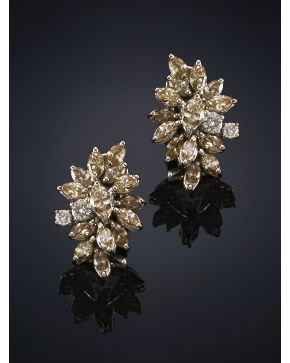 81-PENDIENTES DE DIAMANTES BLANCOS Y BROWN.EXQUISITO DISEÑO VEGETAL DE LA JOYERIA SUAREZ. Peso total de los brillantes 3.50ct. aprox