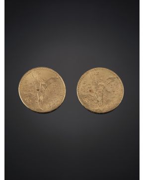 1124-LOTE DE 5 MONEDAS DE 50 PESOS MEXICANOS DE ORO PURO DEL AÑO 1821 - 1847.