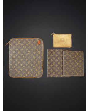 1154-LOUIS VUITTON LOTE DE CARTERA Y DOS PORTA-PAPELES  Y MONEDERO DE LOEWE