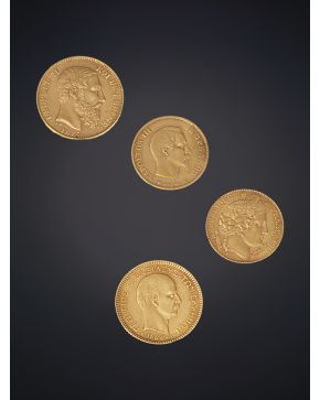 888-LOTE DE CUATRO MONEDAS EN ORO AMARILLO DE 18K: 10 FRANCOS. 10 FRANCOS 1860. 20 APAXMAI. 20 FRANCOS BELGAS.