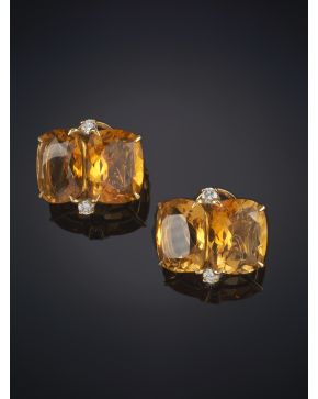 489-BELLOS PENDIENTES DE CITRINOS Y BRILLANTES CALIDAD EXTRA. sobre una montura de oro amarillo de 18K.