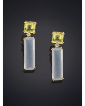 762-ELEGANTES PENDIENTES DE TOPACIO CITRINO. CUARZO Y BRILLANTES sobre una montura de oro amarillo de 18K.