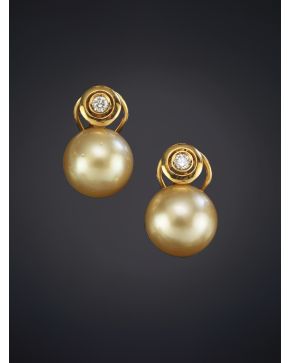 811-BELLOS PENDIENTES DE PERLAS AUSTRALIANAS GOLDEN Y BRILLANTES sobre una montura de oro amarillo de 18K.