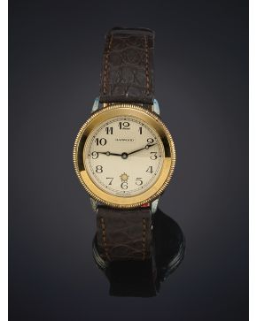 749-HARWOOD FORTIS 925. RELOJ DE PULSERA. CAJA EN PLATA 925 CON BISEL EN ORO AMARILLO DE 18K. MOVIMIENTO AUTOMÁTICO. MAQUINARIA VISTA POR DETRÁS. Esfera