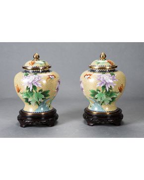 640-Pareja de tiborcitos con tapa estilo oriental en esmalte cloissoné con decoración de flores y aves. Sobre peanas de madera tallada.