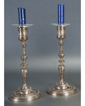 2613-Pareja de candeleros en bronce con pátina plateada y marcas de fundidor: F. Barbedienne y marca "R" en el tornillo de la base. Decoración relevada de palmetas, flores y elementos vegetales. Finales S. XIX. 