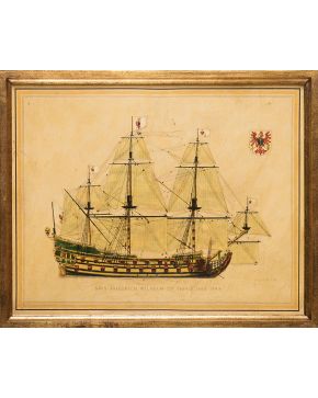 2357-Decorativa pareja de tablas con la representación de dos naves, el S.M.S. Friedrich Wilhelm y la Mayflower. Enmarcadas. 