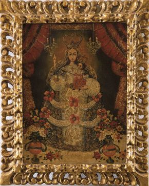 2403-ESCUELA CUZQUEÑA S. XX Virgen con el Niño  Oleo sobre lienzo.  Medidas: 40 x 30 cm.