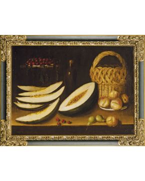 2137-ESCUELA ESPAÑOLA S. XIX Bodegón de mesa con cesta y frutas" Óleo sobre lienzo. Medidas: 60 x 83 cm."