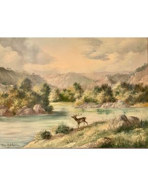 2394-PEDRO LUIS ALDEHUELA (Andújar, Jaén 1920-2011)   Paisaje alpino con río y ciervo. 1960  Óleo sobre táblex.   Firmado y fechado.  Medidas: 52 x 69 cm.