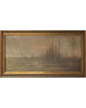 2266-GENIS CAPDEVILA PUIG (Barcelona, 1860-1929) Atardecer otoñal" 1894 Óleo sobre lienzo. Medidas: 100 x 215 cm."