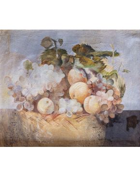 2130-ESCUELA ESPAÑOLA S. XX Bodegón de frutas" Óleo sobre lienzo. Medidas: 49 x 59 cm. Firma ilegible. "