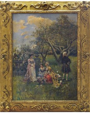 762-RAMÓN MUÑOZ RUBIO (1867-1910) En el jardín  Óleo sobre lienzo. Firmado.  Medidas: 85,5x63,5 cm. 