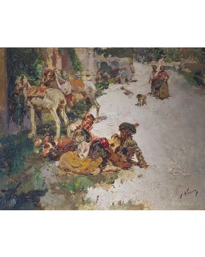 1002-JOSÉ NAVARRO LLORENS (1867-1923) Calle de pueblo  Óleo sobre tabla. Firmado.  Medidas: 26,5 x 34 cm. 