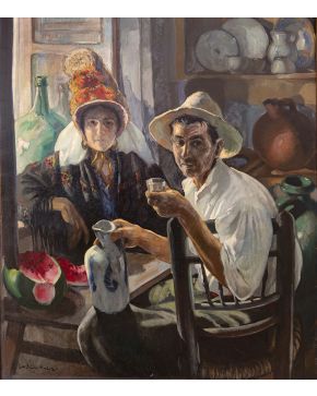 1170-EMILIO MOLINA NÚÑEZ (Murcia, 1917 - 1971) En la cocina  Óleo sobre lienzo. Medidas: 120x110 cm. 