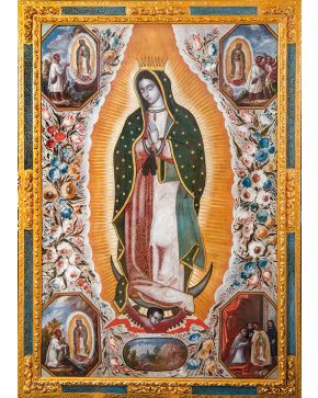 633-ESCUELA MEXICANA FF. S. XVII Virgen de Guadalupe  Óleo sobre lienzo. Esta soberbia pieza, inédita en el mercado, representa a la  Virgen en su iconografía habitual, con rasgos indígenas y