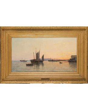 1079-EMILIO OCÓN RIVAS (Peñón Vélez de la Gomera, 1845 - Málaga, 1904)		     Puerto  1881 Óleo sobre lienzo. Firmado, fechado y titulado en el ángulo inferior derecho  E. Ocón/1881/Málaga 