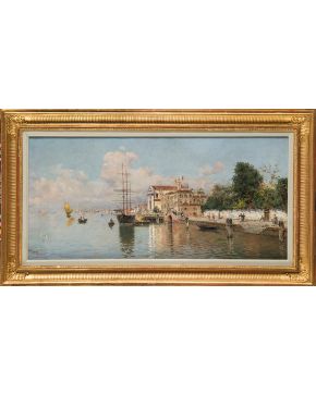 1080-ANTONIO REYNA MANESCAU (Coín, Málaga, 1859 - Roma, 1937) 				  Vista del Bacino de Venecia  Óleo sobre lienzo. Firmado en el ángulo inferior izquierdo  Reyna/Venecia  Medidas: 33 x 69