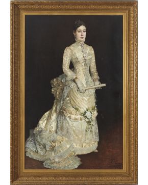 797-IGNACIO PINAZO CAMARLENCH (Valencia, 1849 - Godella, Valencia, 1916) Retrato de dama con vestido blanco y abanico  1887 Óleo sobre lienzo. Firmado y fechado en el ángulo inferior derecho 