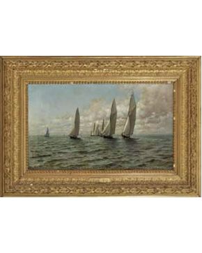 1081-EMILIO OCÓN RIVAS (Peñón de Vélez de la Gomera, 1845 - Málaga, 1904) Barcos en la bahía de Málaga. Regata  1895 Óleo sobre lienzo. Firmado y fechado en el ángulo inferior izquierdo  Emil