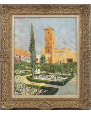 849-MARIANO BERTUCHI (Granada, 1884 - Tetuán, 1955) Torre de los Pilotos. Rabat  Óleo sobre lienzo. Titulado y firmado en el ángulo inferior izquierdo  Torre de los Pilotos/Rabat/M.Bertuchi 